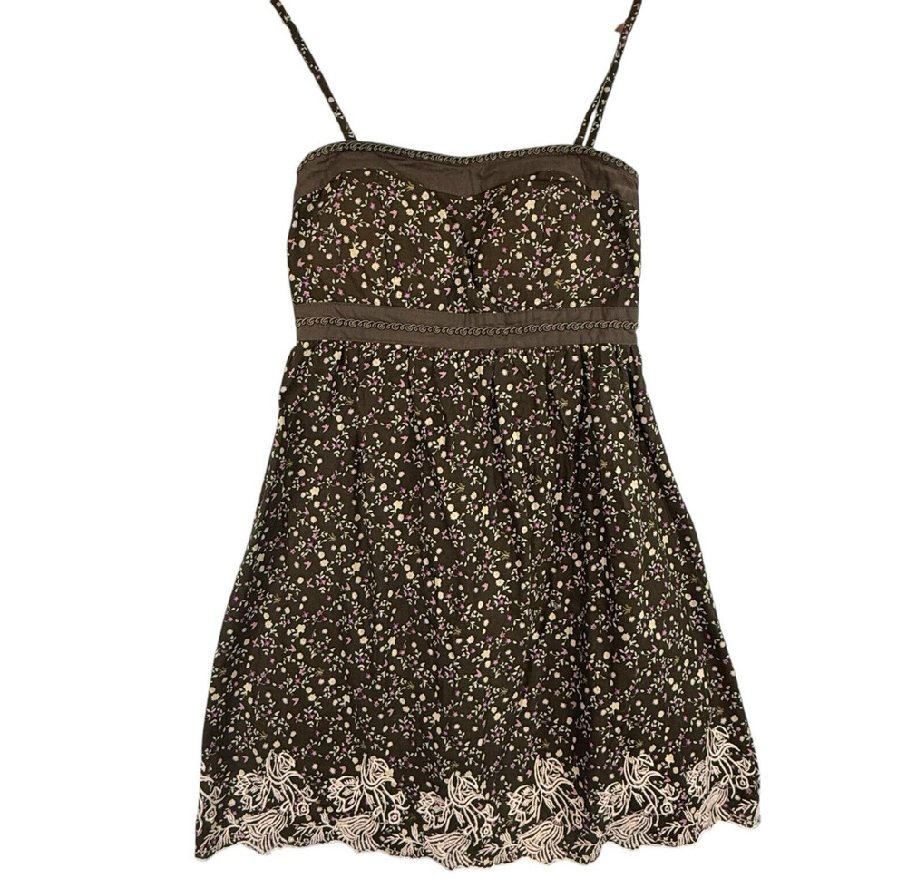 VTG Y2k Brown Dark Florals Embroidered Mini Dress Fairy Whimsy Cotton SIZE SMALL